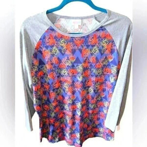Lularoe 3X blue floral Randy baseball T with grey raglan sleeves. NWT.